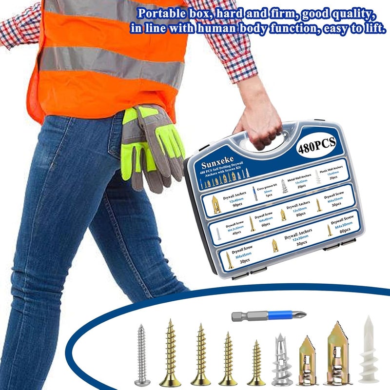 Sunxeke 480 PCS Self Drilling Drywall Anchors Kit with Screws - 4 Sheetrock Anchors & 5 Screw Sizes (2025 Upgraded), No Drill Needed, Zinc Plated Steel and Plastic, Heavy Duty Wall Anchors - Image 3